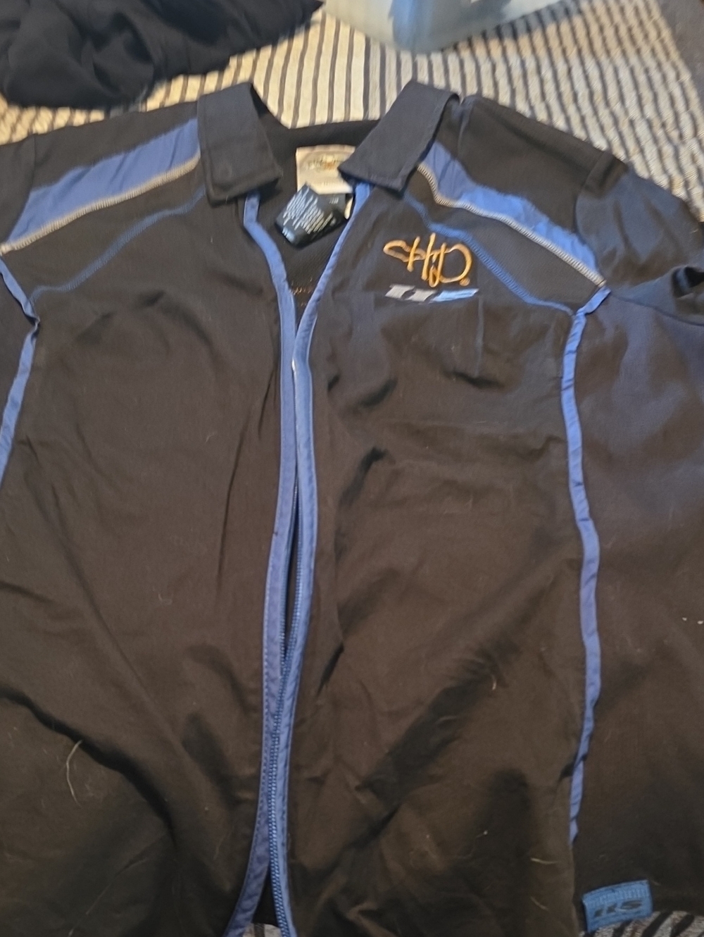 Harley-Davidson Black Jacket with Blue Trim and Gold Embroidered Logo